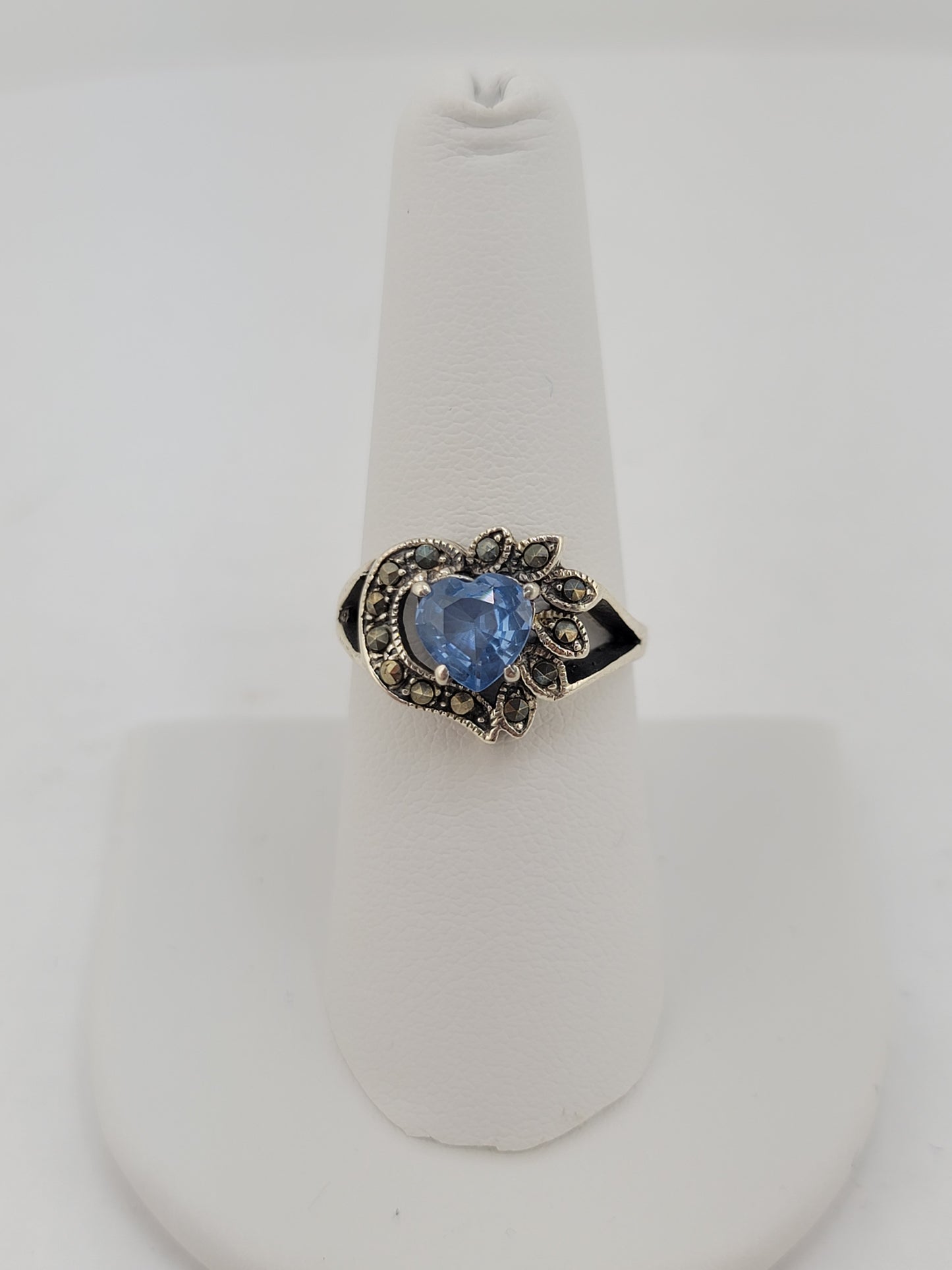 S.S. Blue Topaz and Marcasite Heart Rings