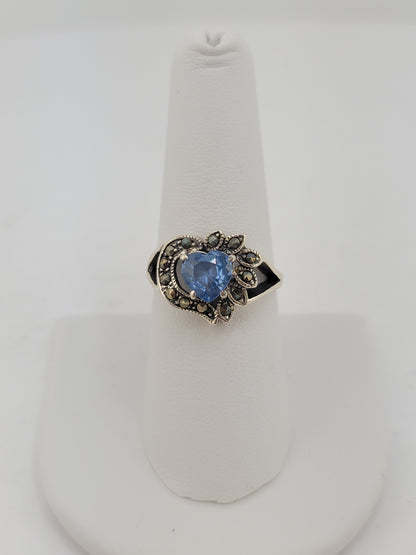 S.S. Blue Topaz and Marcasite Heart Rings