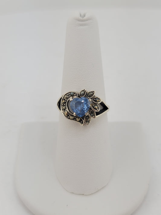 S.S. Blue Topaz and Marcasite Heart Rings