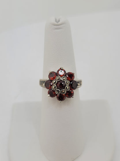 S.S. Garnet and Marcasite Poinsettia Rings