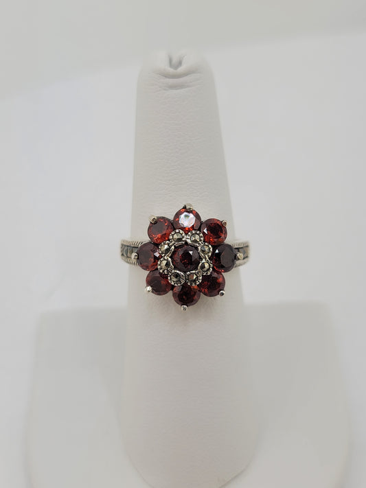 S.S. Garnet and Marcasite Poinsettia Rings