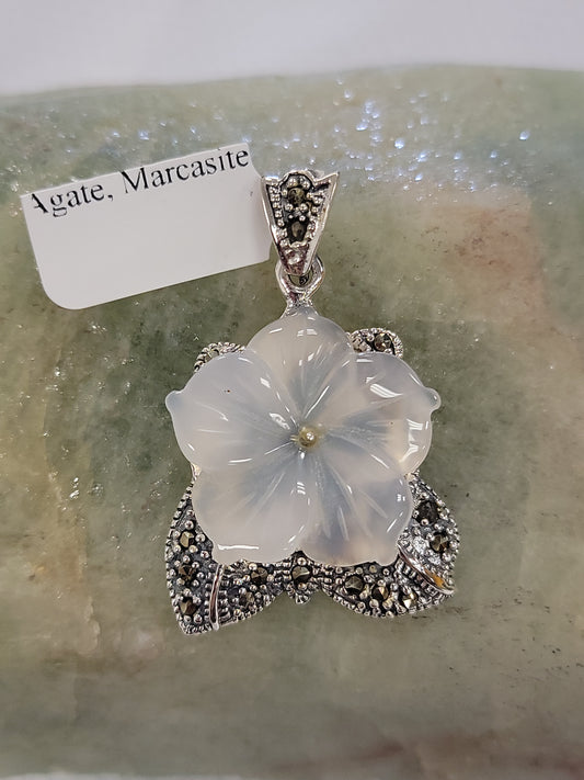 S.S. Agate and Marcasite Flower Necklace