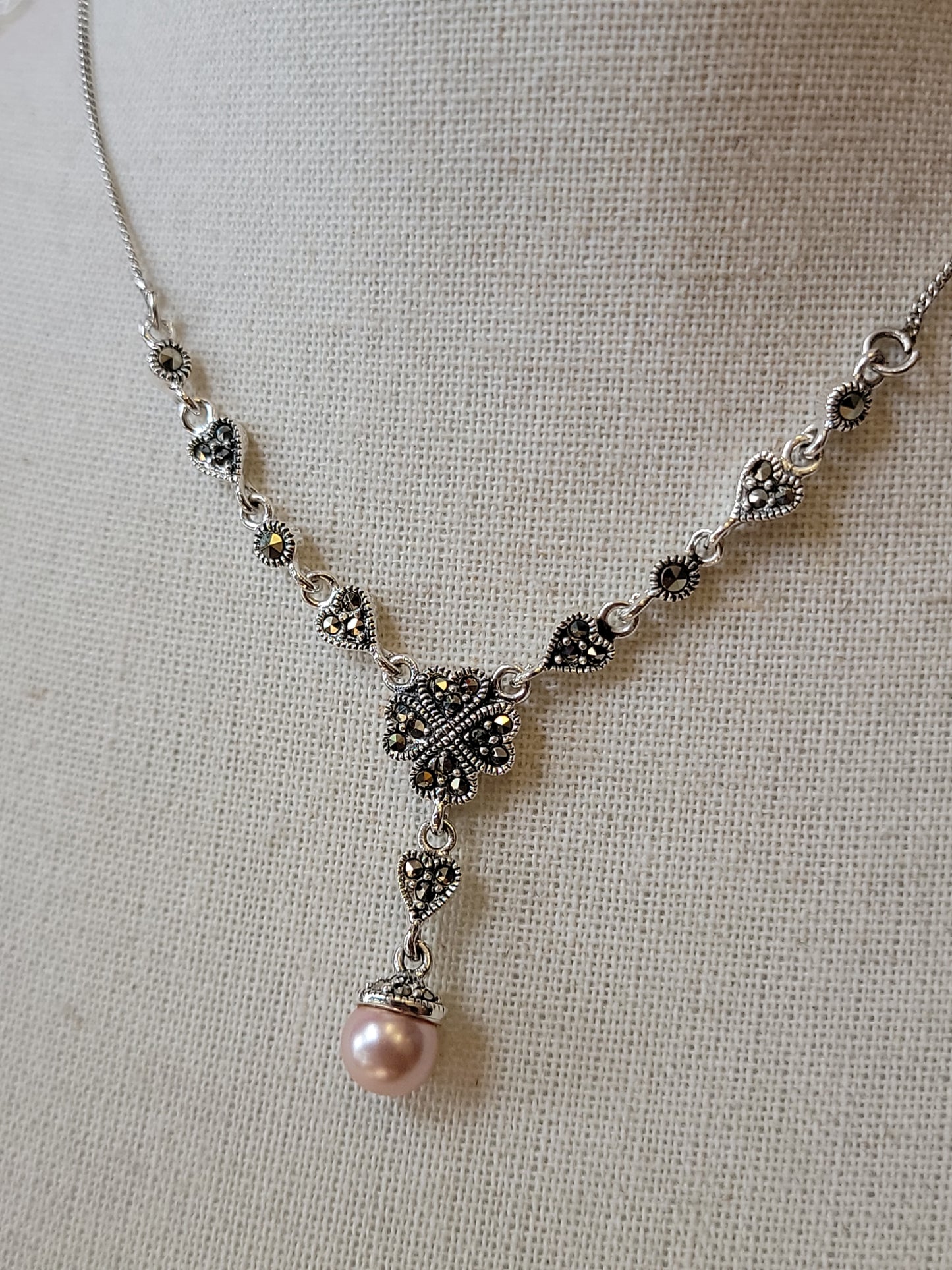 S.S. Marcasite and Pink Pearl Necklaces