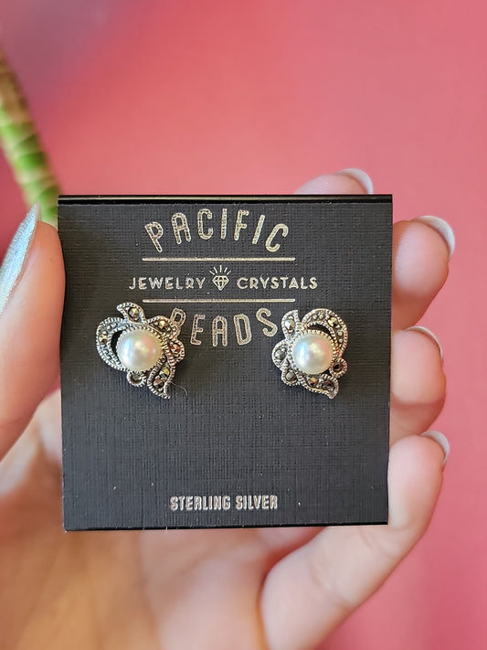 Pearl with marcasite studs in sterling silver