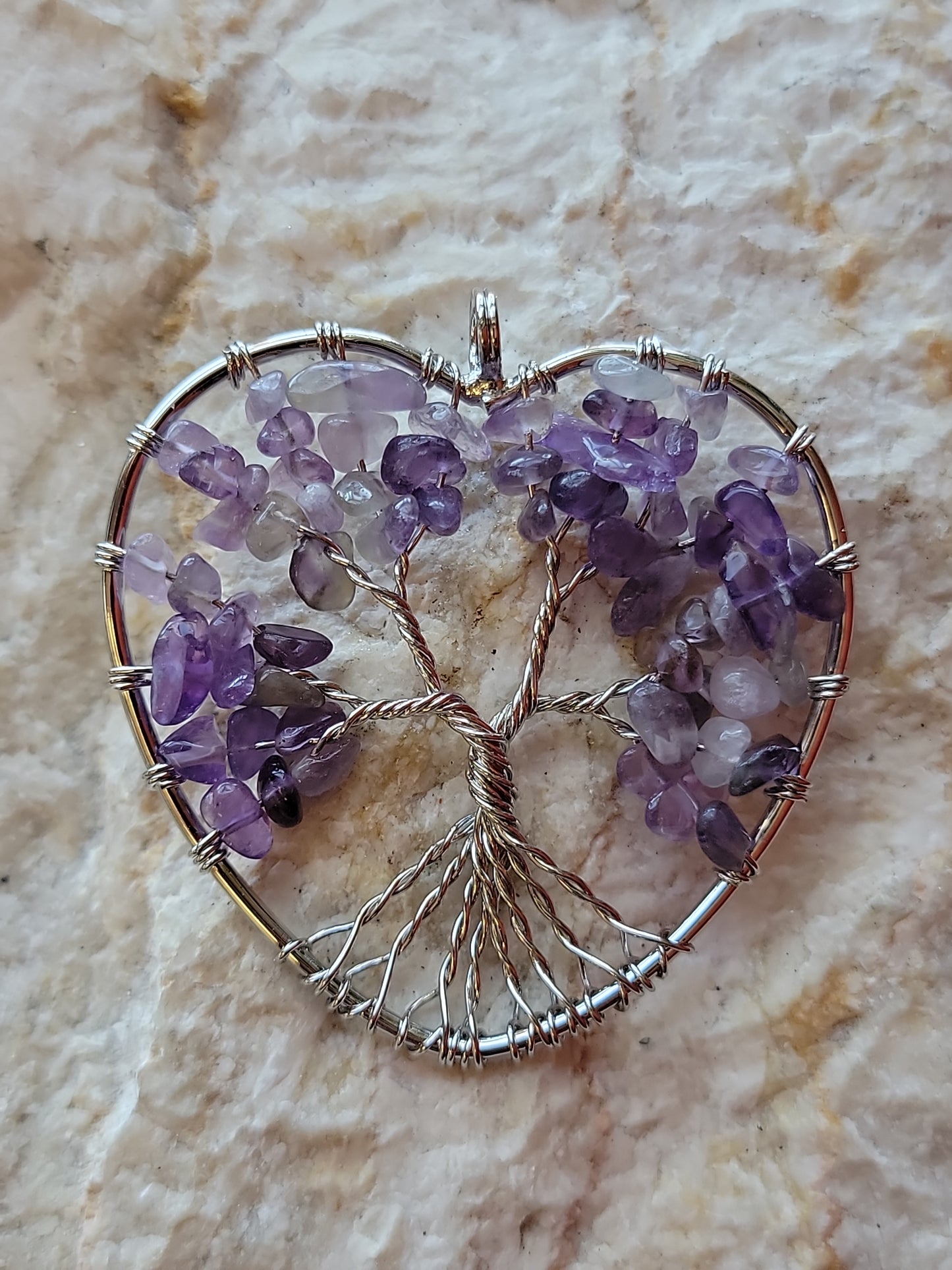 Amethyst Tree of Life Wire Heart Pendants