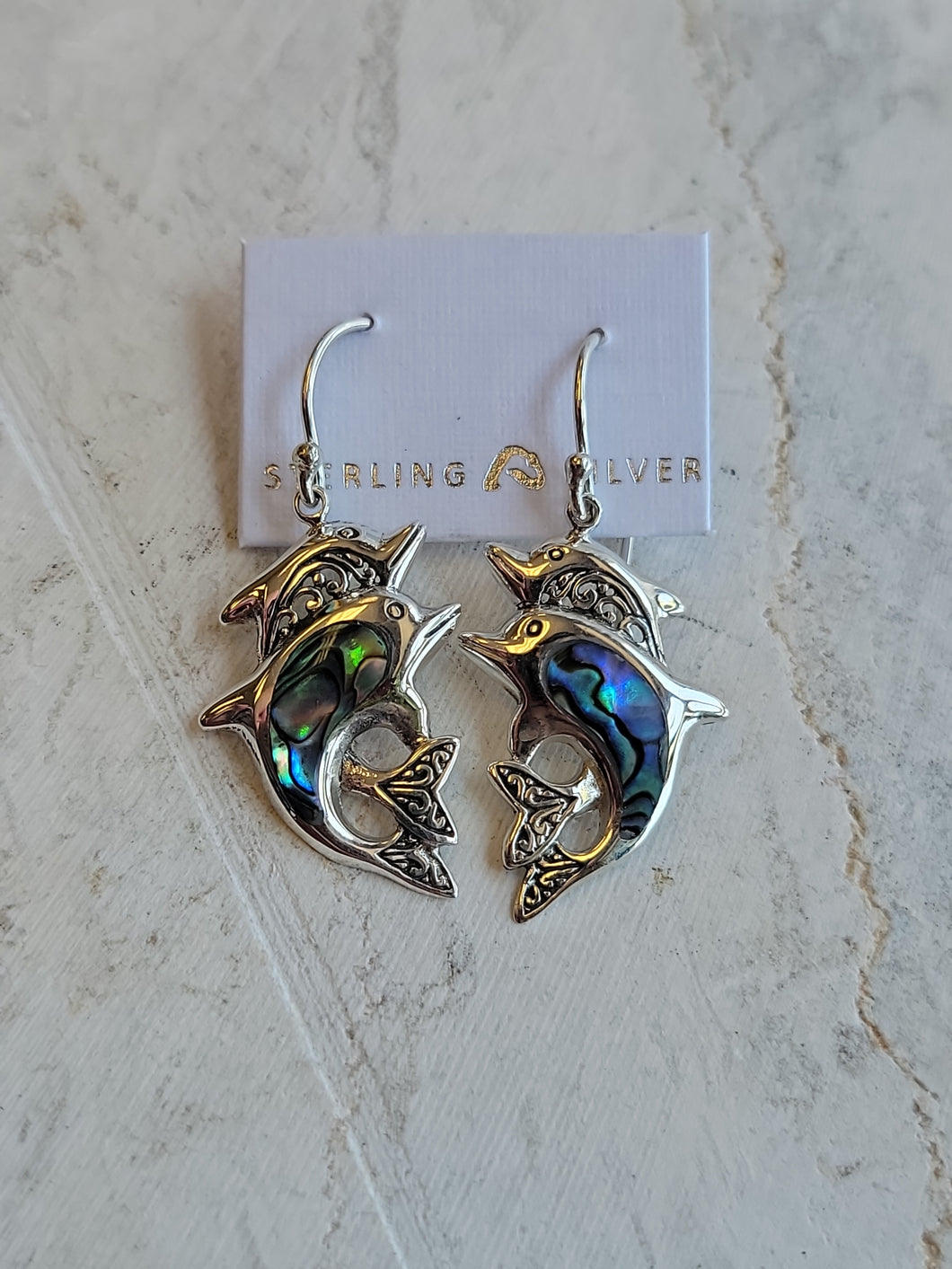S.S. Hand Crafted Abalone Dolphin Earrings