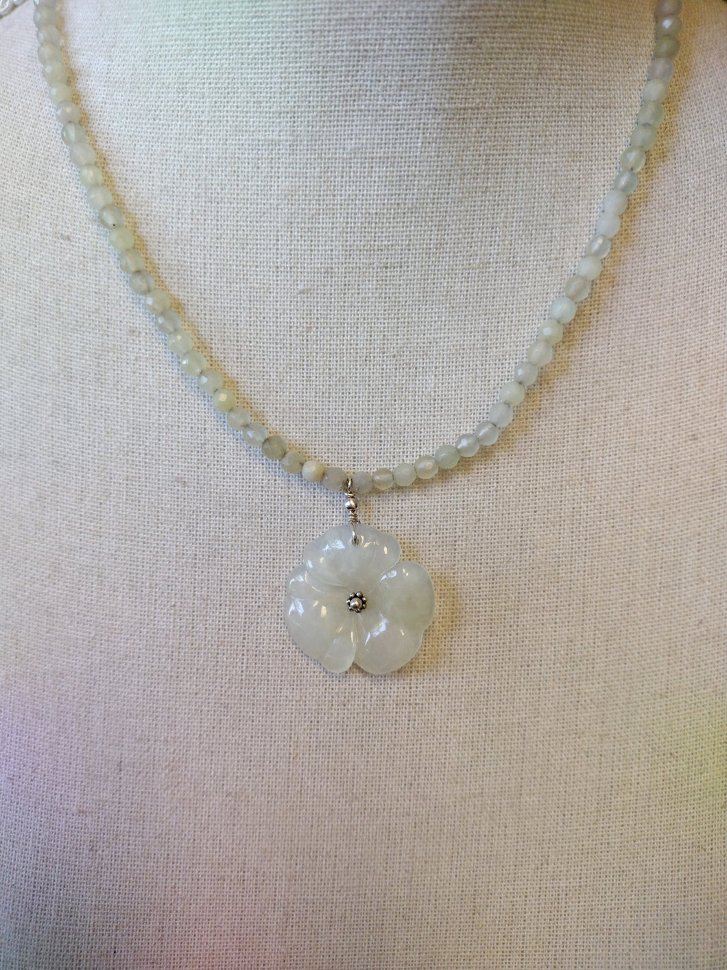 Special Value Item-S.S. Faceted Jade Necklace with Floral Pendant