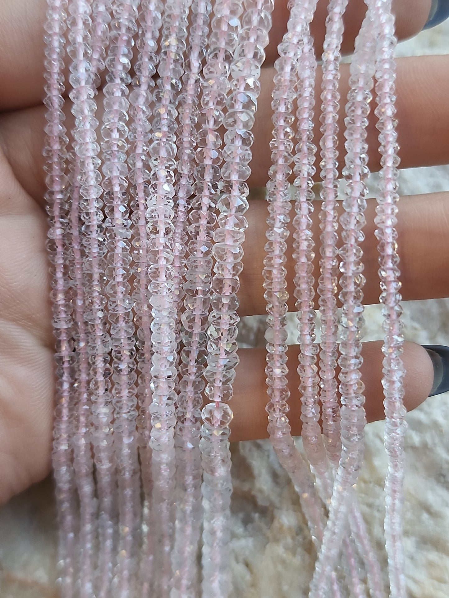 Crafting supplies such as faceted morganite beads available at wholesale and retail prices, only at our crystal shop in San Diego!