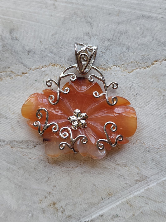 S.S. Hand Carved Carnelian Flower Pendants