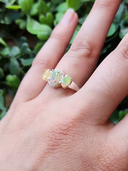 S.S. Faceted Ethiopian Opal and Zircon Tri-stone Rings