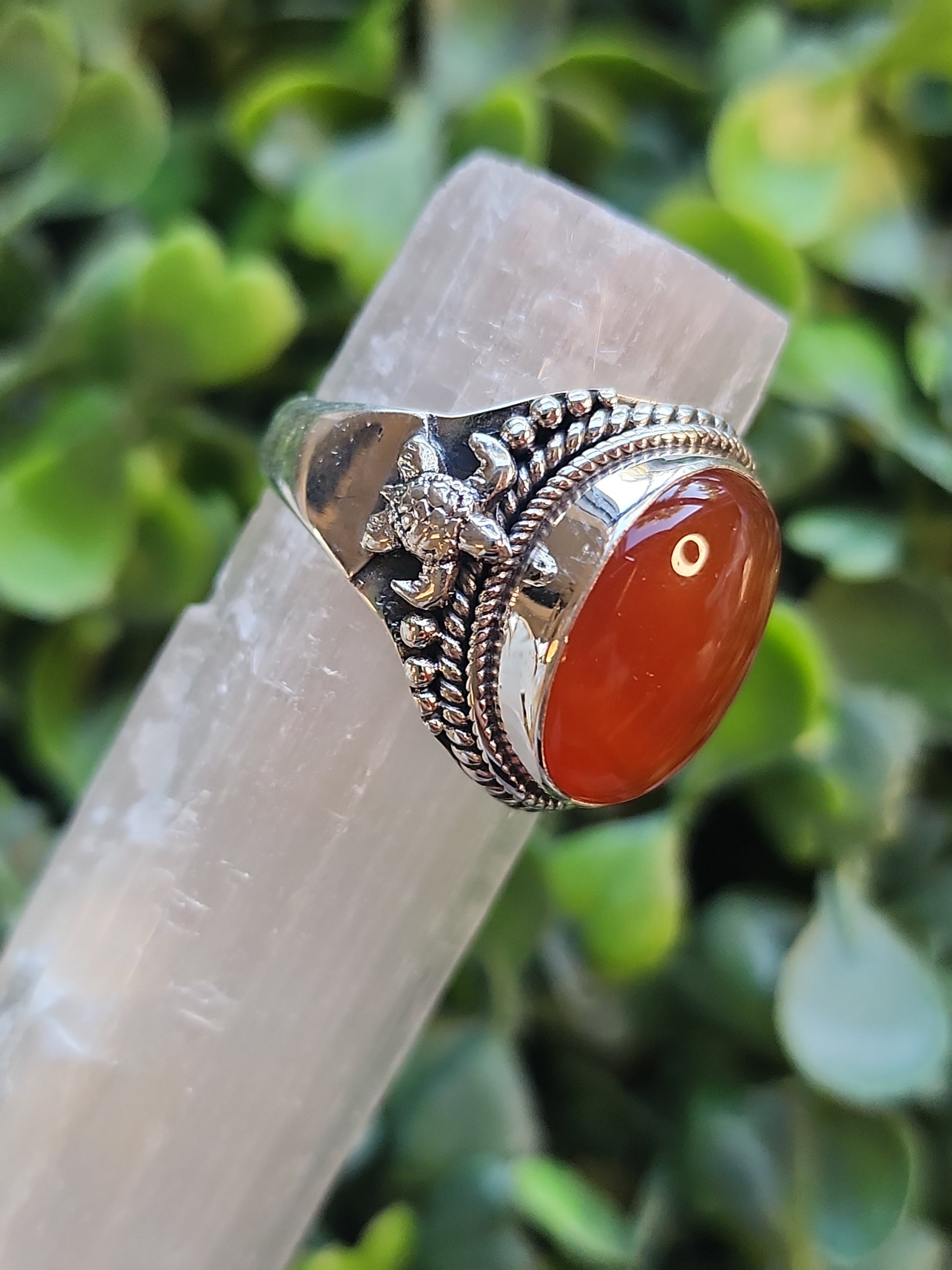 Sterling silver carnelian rings available at wholesale and retail prices, only at our crystal shop in San Diego!