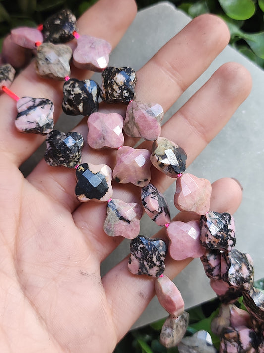 Faceted Rhodonite Quatrefoil Beads