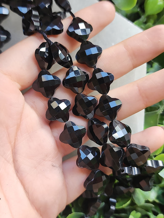 Faceted Black Tourmaline Quatrefoil Beads