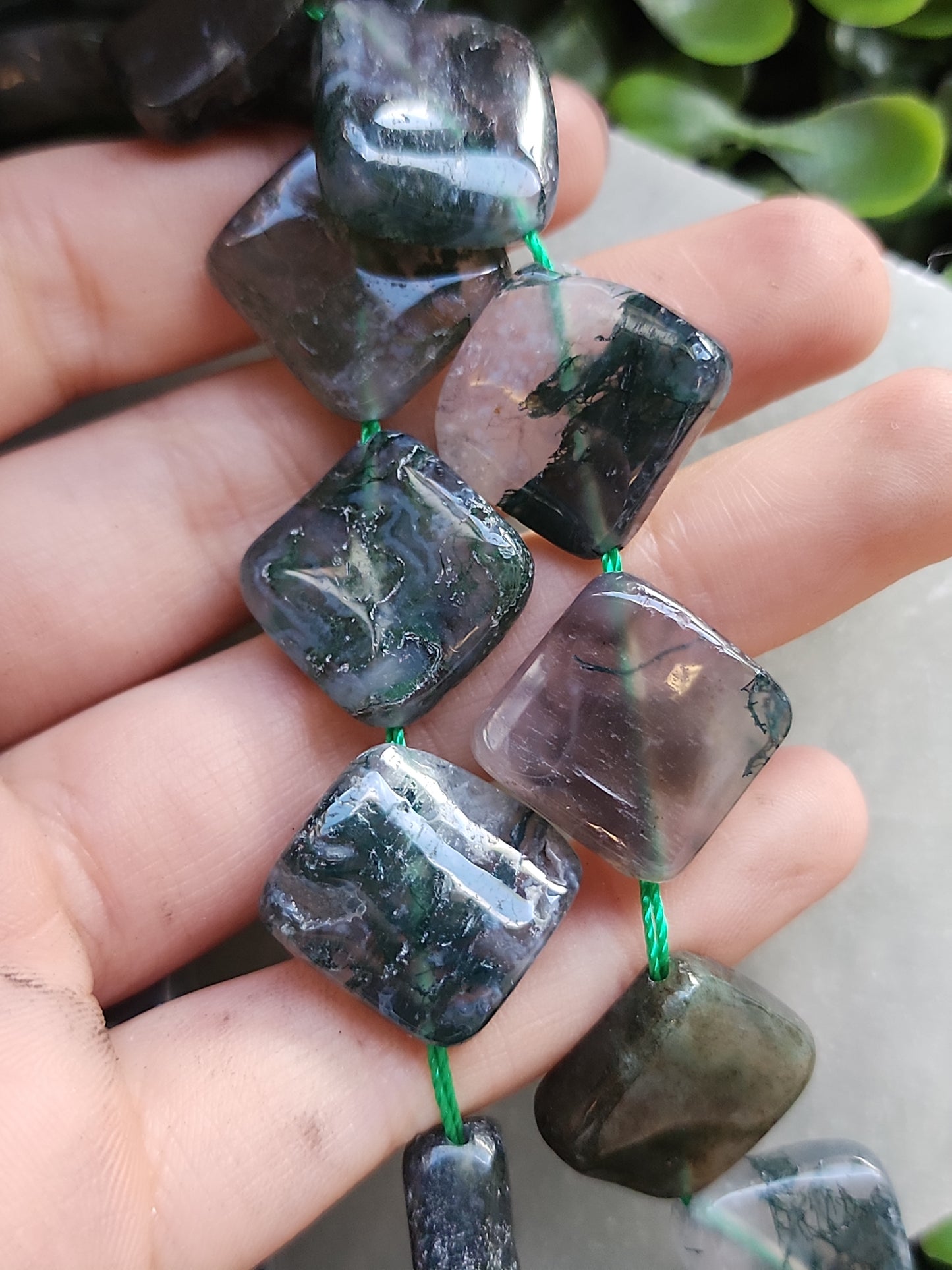 Moss Agate Twisted Tile Beads