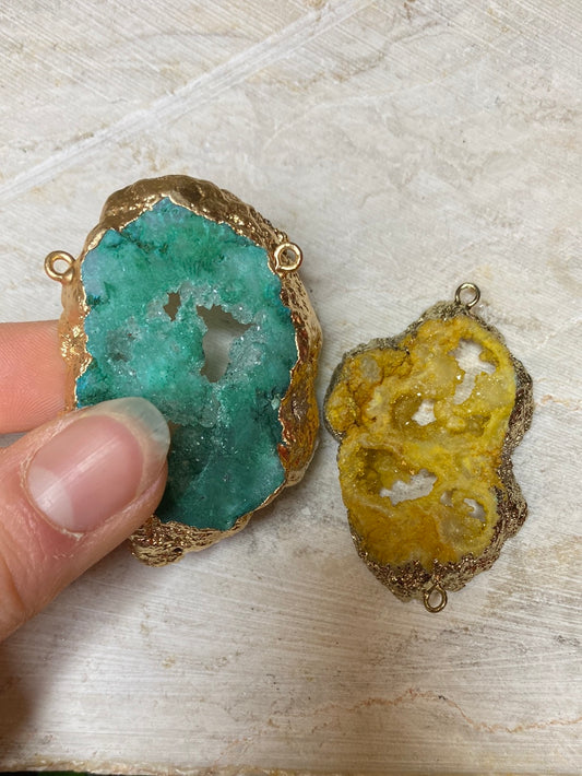 Green and Yellow Druzy Agate Geode Connector Sets (2 pc)